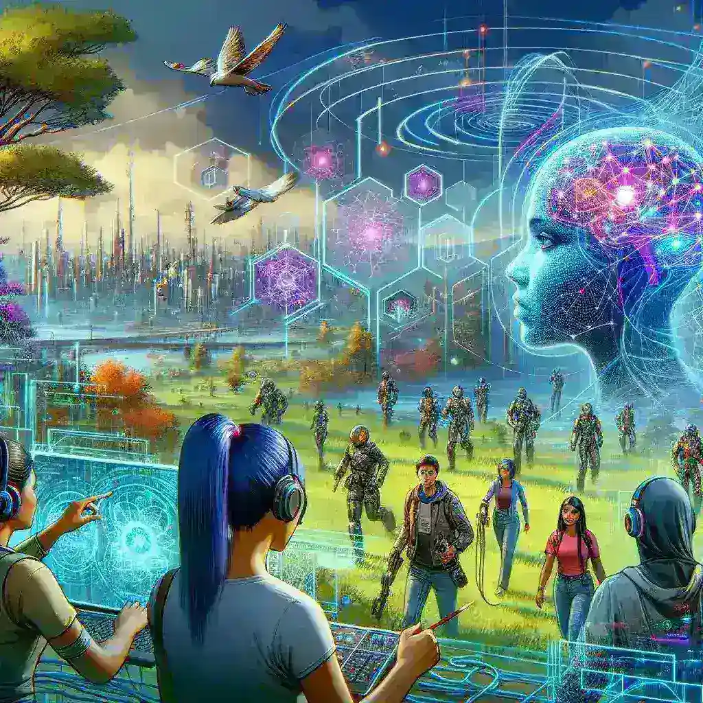 "Ilustrasi sistem pencocokan pemain berbasis AI dalam game multiplayer, menunjukkan algoritma yang mencocokkan pemain berdasarkan keterampilan dan preferensi dalam lingkungan permainan yang interaktif."