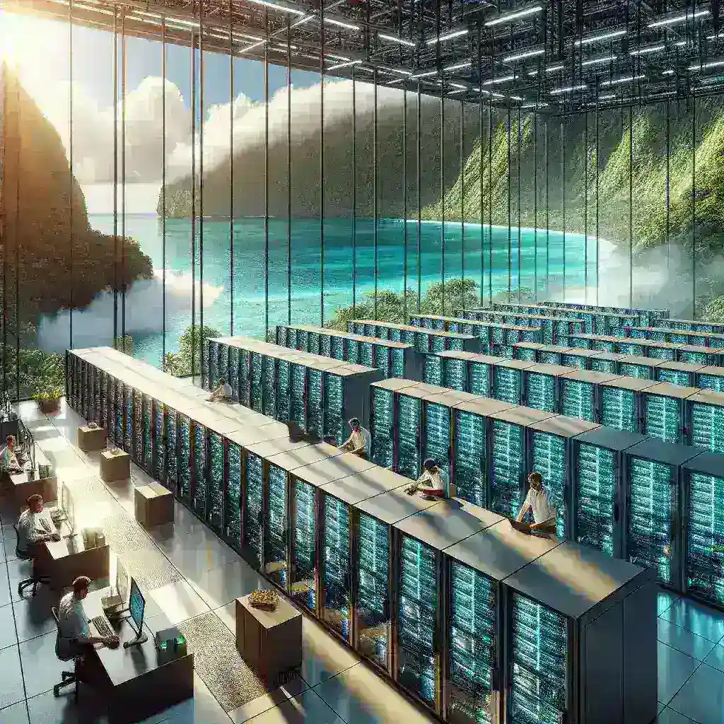 "Visualisasi pusat data cloud AI Microsoft yang sedang dibangun di Bali Nusantara, menunjukkan infrastruktur teknologi canggih dan investasi besar untuk mendukung inovasi digital di Indonesia."